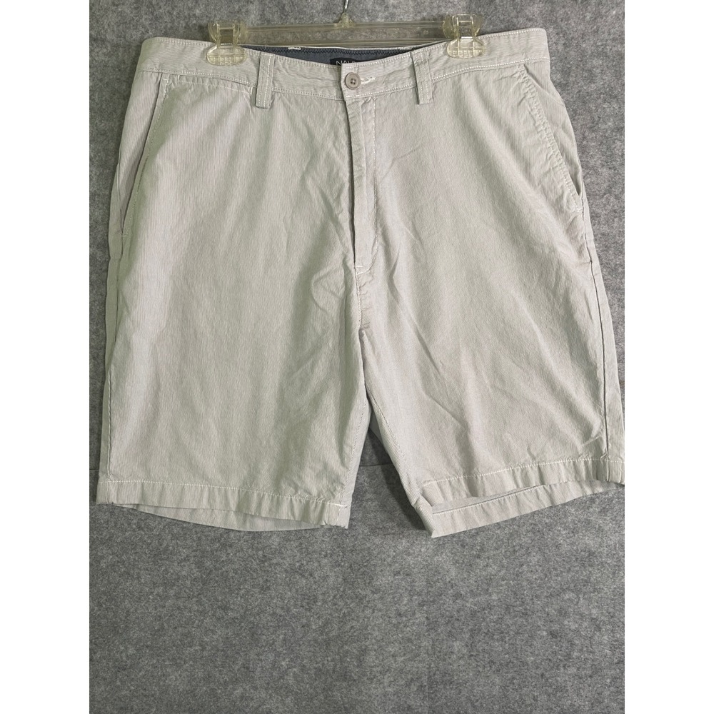 Nautica Mens Grey White Striped Chino Shorts 36W Cotton Flat Front Summer Casual